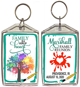 Family reunion keychain favors in Work of Heart design are personalized with your family name, date & location.