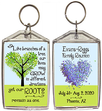 Family reunion keychain favors in Branches design are personalized with your family name & reunion date & place.