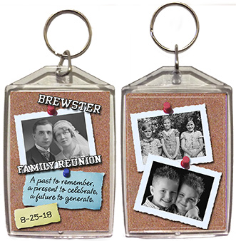 Family reunion keychain favors in Bulletin Board design are personalized with 3 of your photos, family name & reunion date.