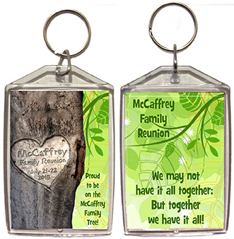 Family reunion keychain favors in Carved Tree design are personalized with your family name & date.