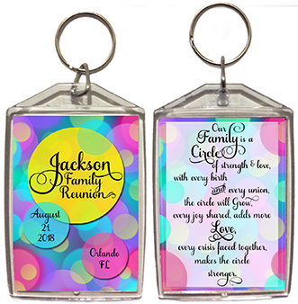 Family reunion key chain favors in Circle design are personalized with your family name & reunion date & place