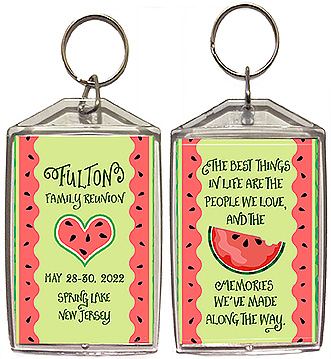 Family reunion keychain favors in a fun watermelon design are personalized with your family name, reunion date & reunion place, with the quote: the best things in life are the people we love and the memories we've made along the way.