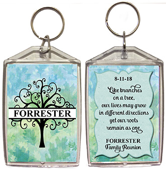 Family reunion keychain favors in Tree Monogram design are personalized with family name and reunion date.