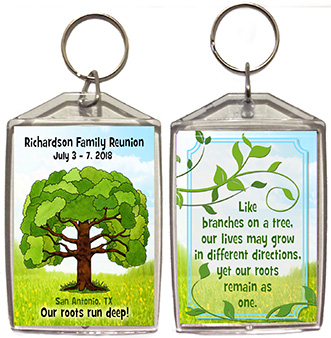 Family reunion keychain favors in Family Tree design are personalized with your family name, date & place.