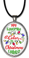 Handcrafted holiday necklace with the message: 'my favorite color is Christmas lights!', is available in your choice of pendant or keychain.