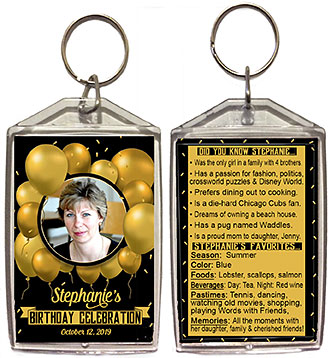 Your Trivia Gold & Black Birthday Keychain Favors are personalized with your photo on the front and a list of favorites & fun facts about the guest of honor on back.