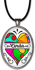 Original art name necklace or keychain features a split monogram colorful heart