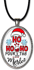 Funny Christmas necklace for the wine lover, with the message: 'ho, ho, ho, pour the Merlot.', in choice of pendant or keychain.