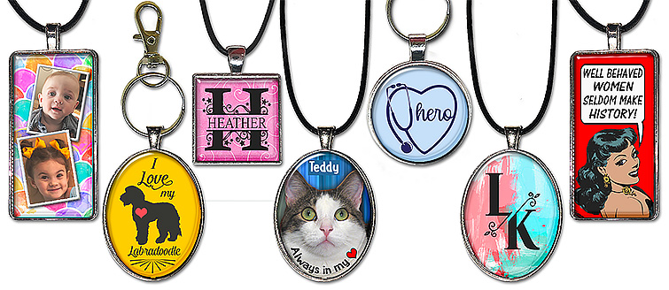 Custom photo, personalized name, and original wearable art necklaces, pendants & keychains, in a variety of categories, makes great gifts!