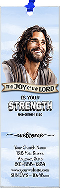 The Joy of the Lord is our original design for custom bookmarks for church welcome gifts, personalized with your church information for first time visitors.
