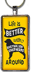 Sample of a handcrafted pendant or keychain with the message: 'Life is better with Australian shepherds around', and is available in over 75 dog breeds.