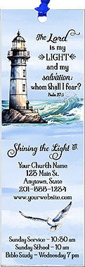 The Lord is my Light and My Salvation is our original design for custom bookmarks for church welcome gifts, personalized with your church information for first time visitors.