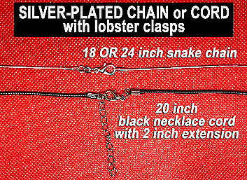 close-up view of the lobster clasp on the silver-plated snake chains and black necklace cords