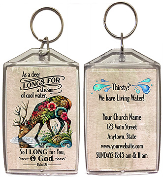 Longing for God is our original design for custom double-sided keychains for church welcome gifts, personalized with your church information for first time visitors.