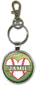 Love Baseball split-monogram keychain is personalized with any name in a heart-shaped baseball, and is also available as a pendant.