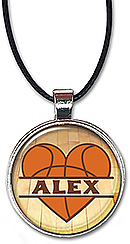 Love Basketball split-monogram pendant is personalized with any name in a heart-shaped basketball, and is also available as a pendant.
