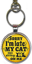 Choice of keychain or necklace with the funny quote: Sorry I'm late; my cat was sitting on me.