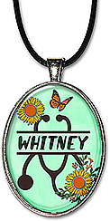 This Stethoscope Split Monogram necklace or keychain, features sunflowers, a butterfly and is personalized with any name, any spelling for a special nurse, doctor or health care worker.