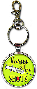 Nurses Call The Shots keychain is also available as a necklace.