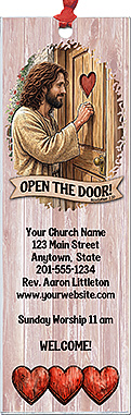 Open the Door is our original design for custom bookmarks for church welcome gifts, personalized with your church information for first time visitors.