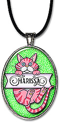 This orange cat monogram jewelry, is personalized with any name, and is available as a necklace or keychain.