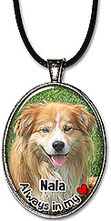 Sample of a custom photo pet memorial necklace, is also available as a keychain, and can be personalized with pet's name.