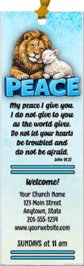 Peace: Lion and Lamb is our original design for custom bookmarks for church welcome gifts, personalized with your church information for first time visitors.