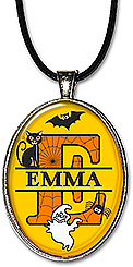 Original art Halloween Split Monogram Name necklace pendant or keychain is personalized with any initial, name, spelling, and features a black cat, bat, ghost and spider.