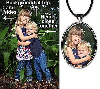sample of a photo with ample background above and on the sides of the subject, and the photo necklace made from that picture.