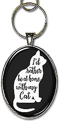 Handcrafted keychain or necklace features the message: I'd rather be at home with my cat.