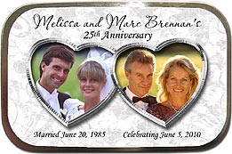 Photo Mint Tins for a Silver Anniversary. Two hearts hold your wedding photo and a current one, personalized with your message. Can also be used for wedding favors.