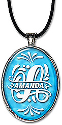 Splash swirl monogram jewelry features your initial and name in white against a blue water background.