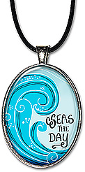 A big beach wave is featured on this summer necklace with the words: Seas the day, and it is also available as a keychain.