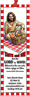 Taste and See .  is our original design for custom bookmarks for church welcome gifts, personalized with your church information for first time visitors.