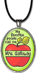 Teacher Apple split monogram necklace or keychain features the message 'my favorite people call me...', followed by your favorite teacher's name .