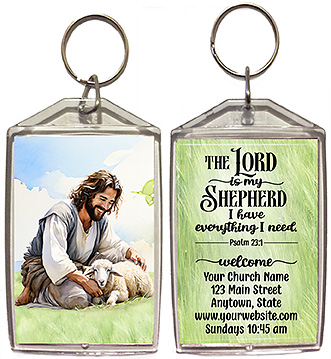 the Lord is my Shepherd is our original design for custom double-sided keychains for church welcome gifts, personalized with your church information for first time visitors.