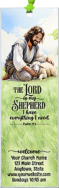 The Lord is my Shepherd is our original design for custom bookmarks for church welcome gifts, personalized with your church information and photo for first time visitors.