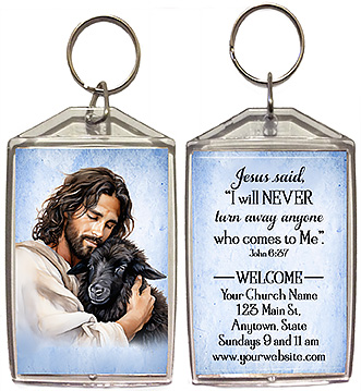 the Black Sheep is our original : design for custom double-sided keychains for church welcome gifts, personalized with your church information for first time visitors.