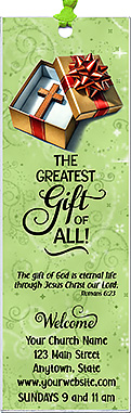 The Greatest Gift is our original design for custom bookmarks for church welcome gifts, personalized with your church information for first time visitors.