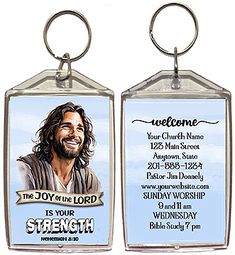The Joy of the Lord is our original design for custom double-sided keychains for church welcome gifts, personalized with your church information for first time visitors.