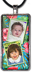 Tropical flowers custom photo pendant necklace or keychain is personalized with your 2 photos.