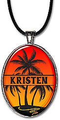 Sunset Palm Trees Split Monogram pendant necklace or keychain is personalized with any name, any spelling.