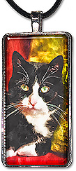 Handcrafted pendant or keychainfeatures an originial watercolor of a beautiful black and white cat.