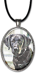 Watercolor original art dognecklace or keychain features a black labrador retriever.