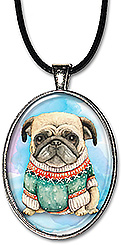 Original watercolor art adorable pug in a sweater is available as a handcrafted necklace or keychain.