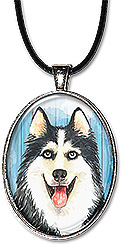 Original watercolor art necklace or keychain features a Siberian husky dog.