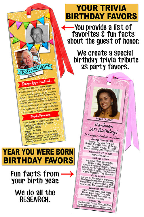 Great idea for a milestone birthday party: Your Trivia Birthday Favors - you provide a list of favorites & fun facts about the guest of honor & we create a special tribute in the form of personal trivia photo favors - or Year You Were Born Photo Favors - with fun facts from your birth year & we do all the research!