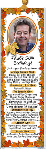 Year You Were Born Autumn Birthday Bookmark Favors are personalized with your photo and fun facts from the guest of honor's birth year.