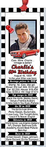 Year You Were Born Classic Car Birthday Bookmark Favors are personalized with your photo and fun facts from the guest of honor's birth year.