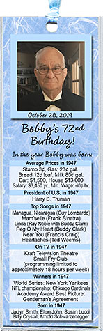 Year You Were Born Classic Celebration Birthday Bookmark Favors are personalized with your photo and fun facts from the guest of honor's birth year.